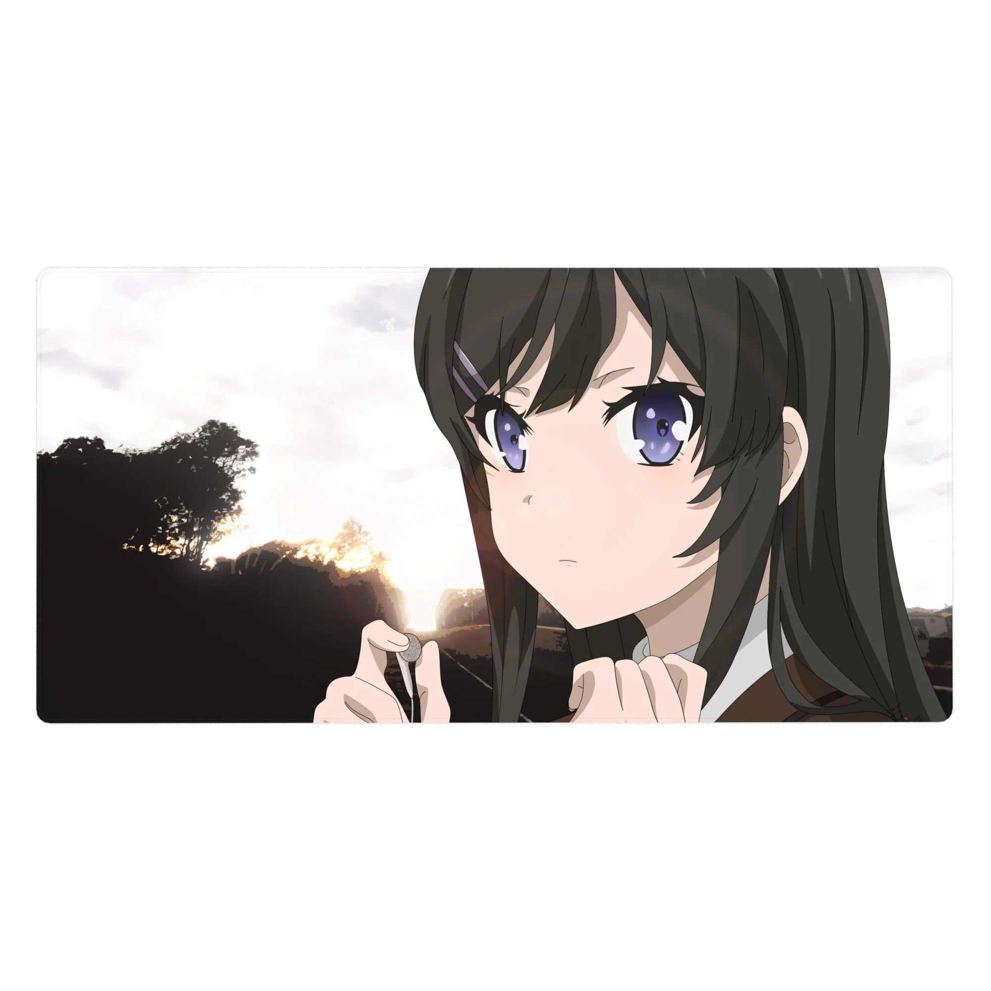 Anime girl desk pad 40x20 inches with glossy black hair, hair clip, and sunset tree silhouette backdrop.