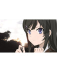 Anime girl desk pad 40x20 inches with glossy black hair, hair clip, and sunset tree silhouette backdrop.