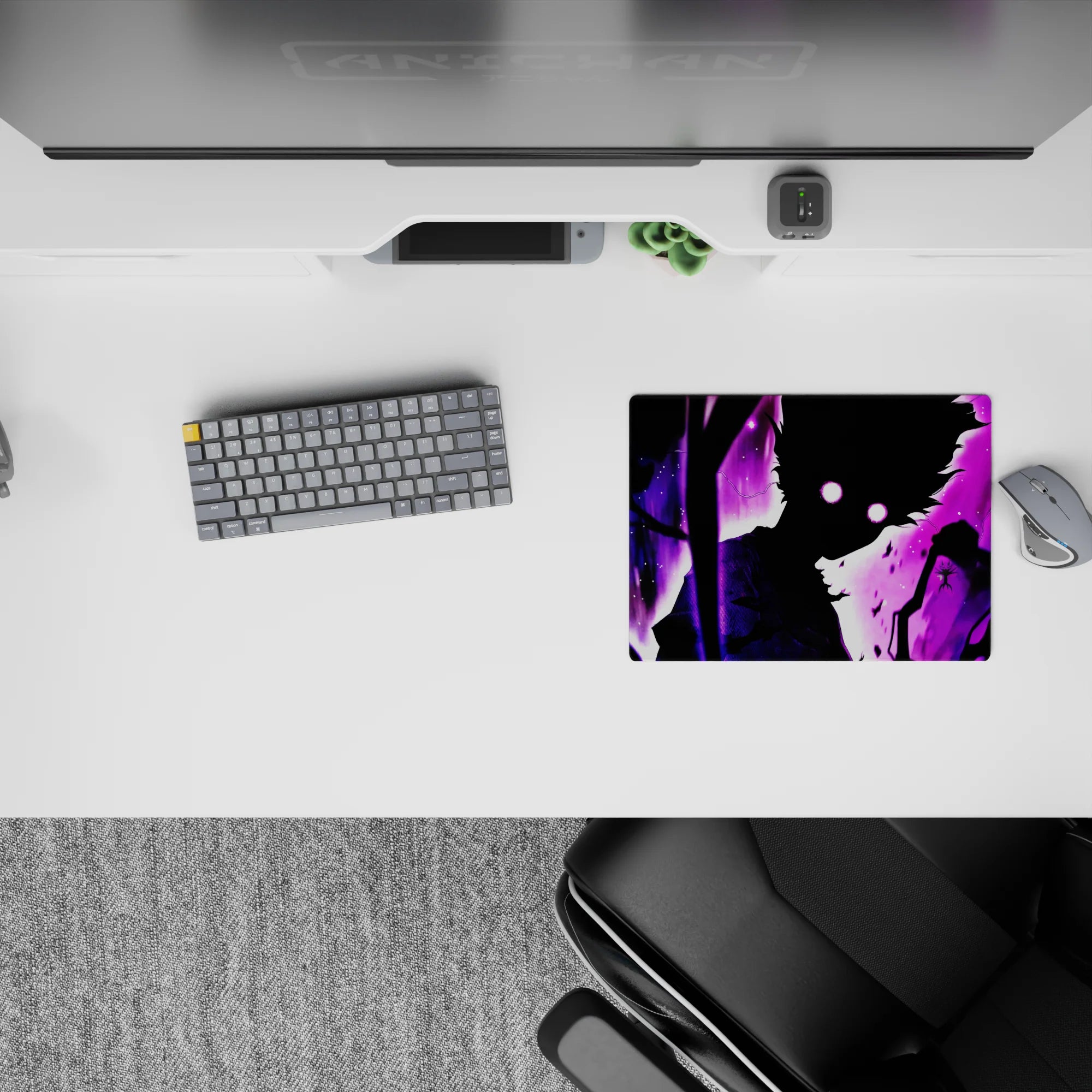 Violet-and-black anime mouse pad 14x10 inches, dark fantasy vibe with purple haze and spark specks.