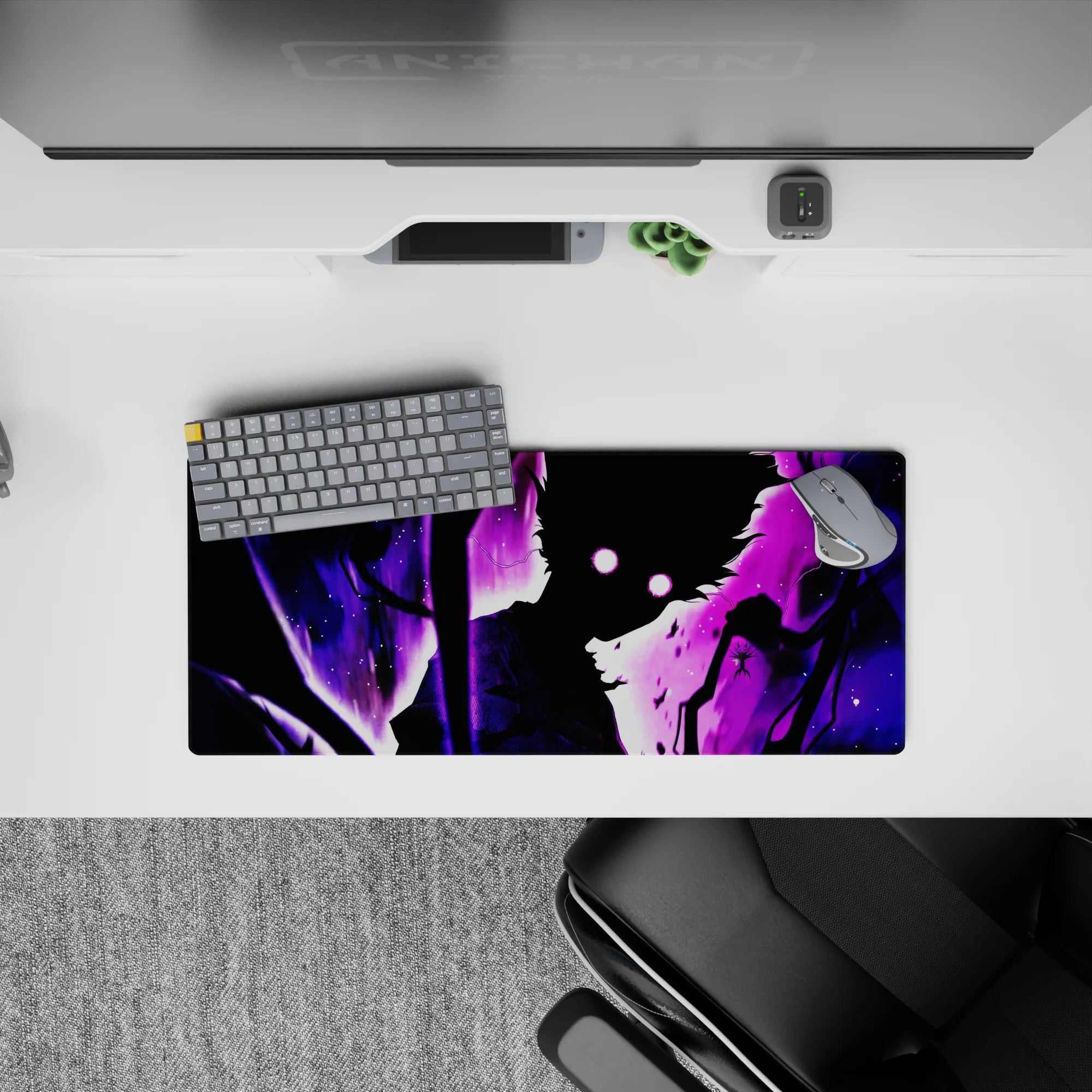 Violet storm anime mouse pad 28x12 inches with purple haze, spark specks, and late-night supernatural mood.