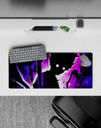 Violet storm anime mouse pad 28x12 inches with purple haze, spark specks, and late-night supernatural mood.