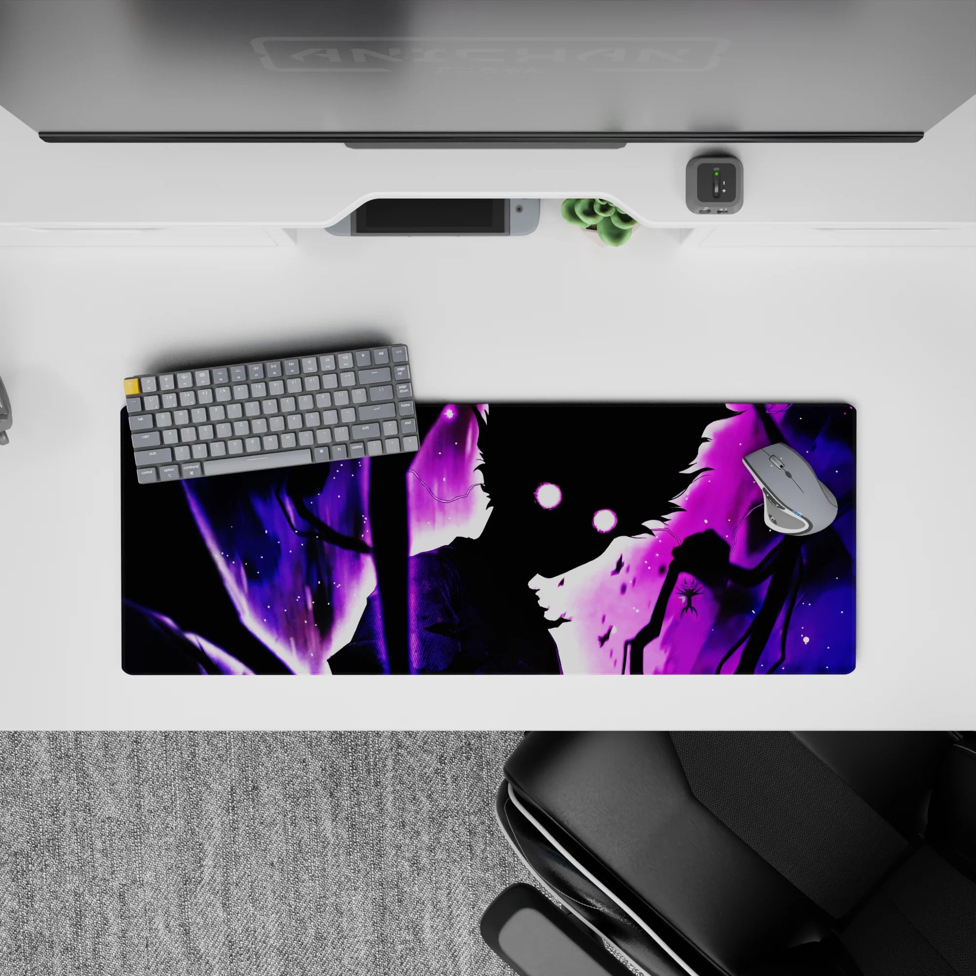 32x12 inches anime desk mouse pad in purple haze and spark-specks, dark supernatural late-night vibe.