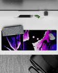32x12 inches anime desk mouse pad in purple haze and spark-specks, dark supernatural late-night vibe.