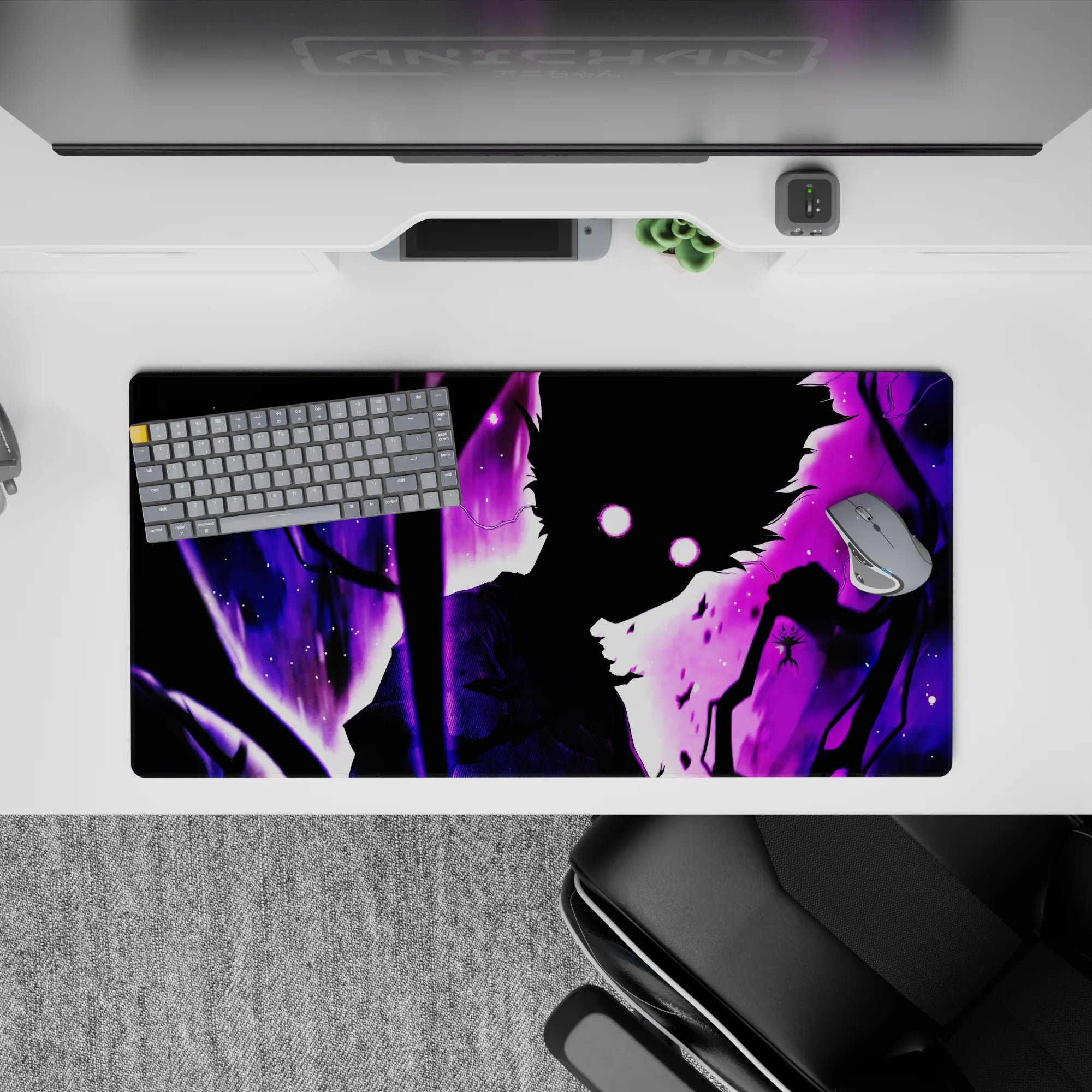 32x16 inches dark fantasy anime desk mat in violet storm tones with neon moon eyes and spark-speck mist.