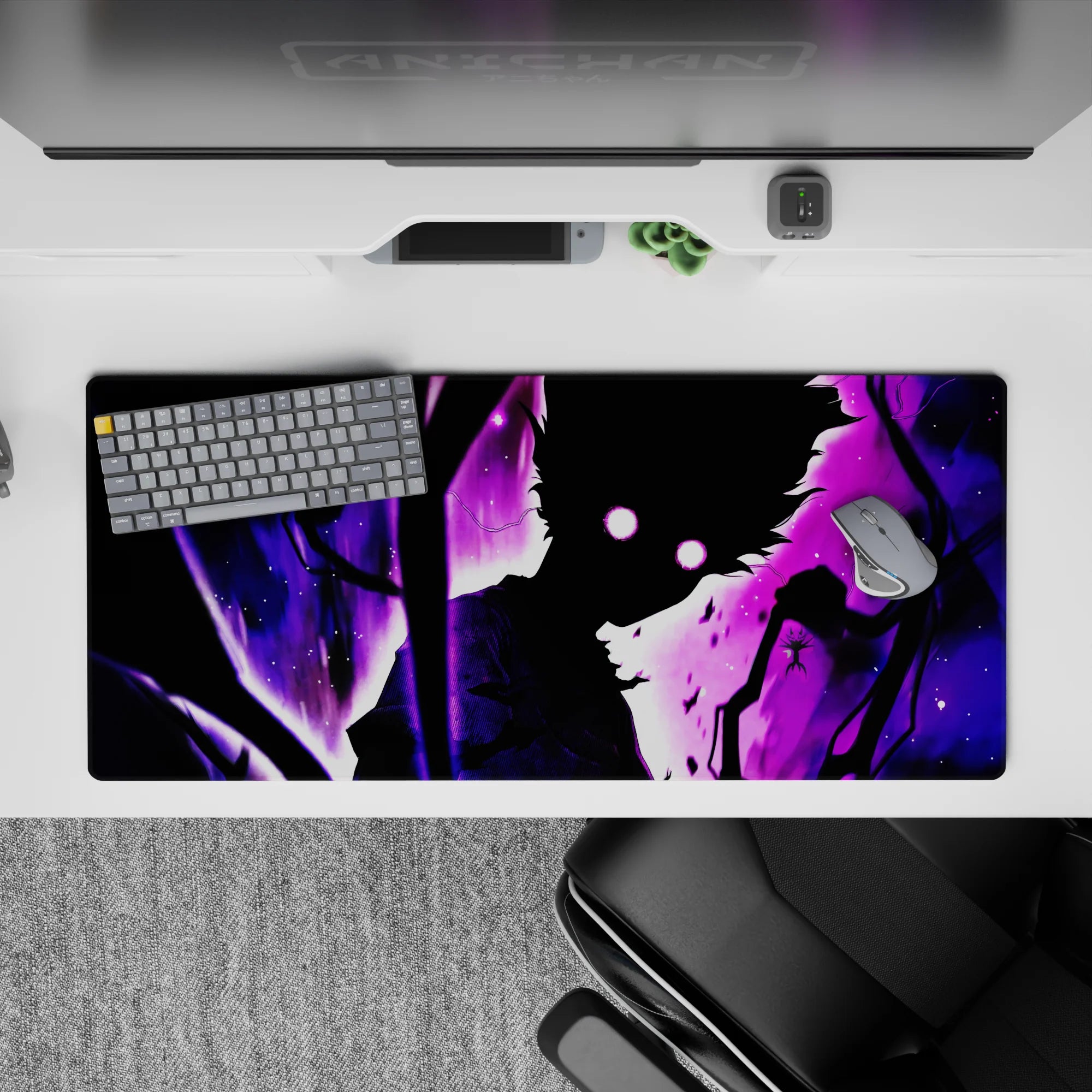 Violet storm anime desk pad 36x16 inches with purple haze, spark specks, and supernatural midnight mood.