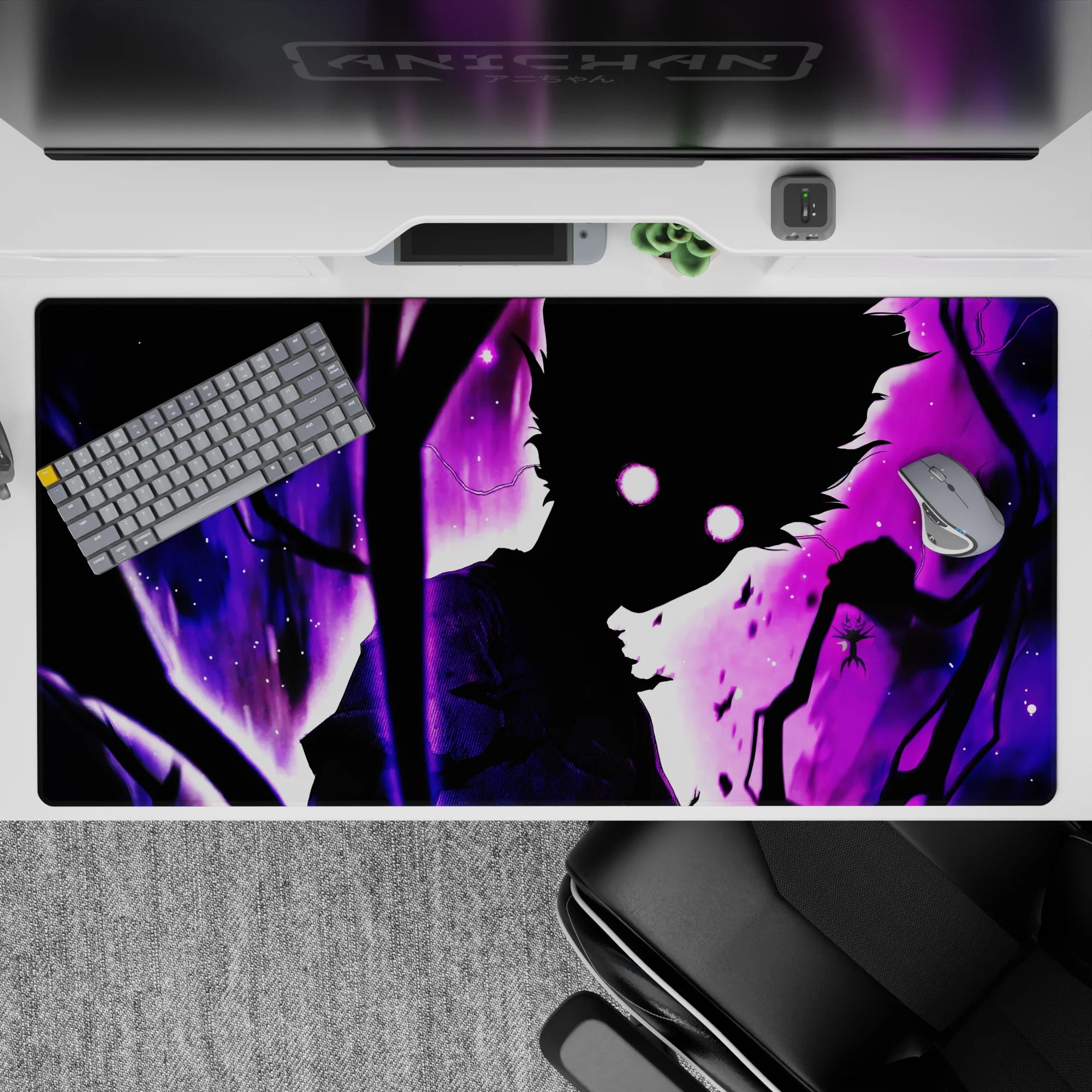 Violet and black anime desk pad 40x20 inches, purple haze and spark specks for a late-night vibe.