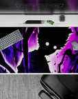 Violet and black anime desk pad 40x20 inches, purple haze and spark specks for a late-night vibe.