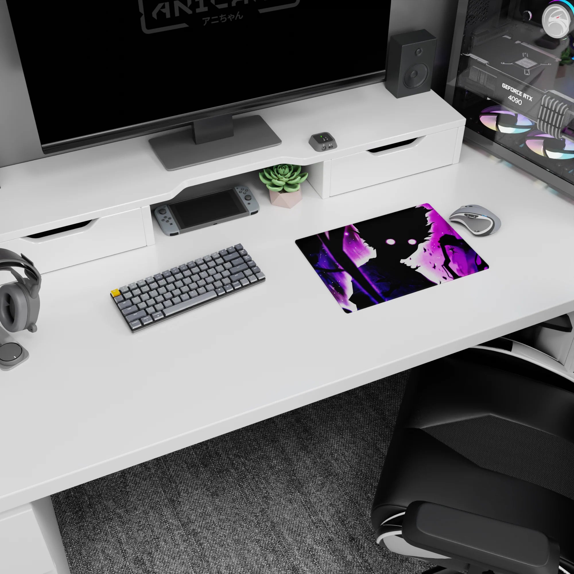 Shadowed anime figure with wild hair in a violet storm, glowing eyes, on a 14x10 inches mouse pad.