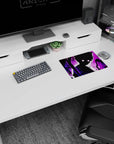Shadowed anime figure with wild hair in a violet storm, glowing eyes, on a 14x10 inches mouse pad.