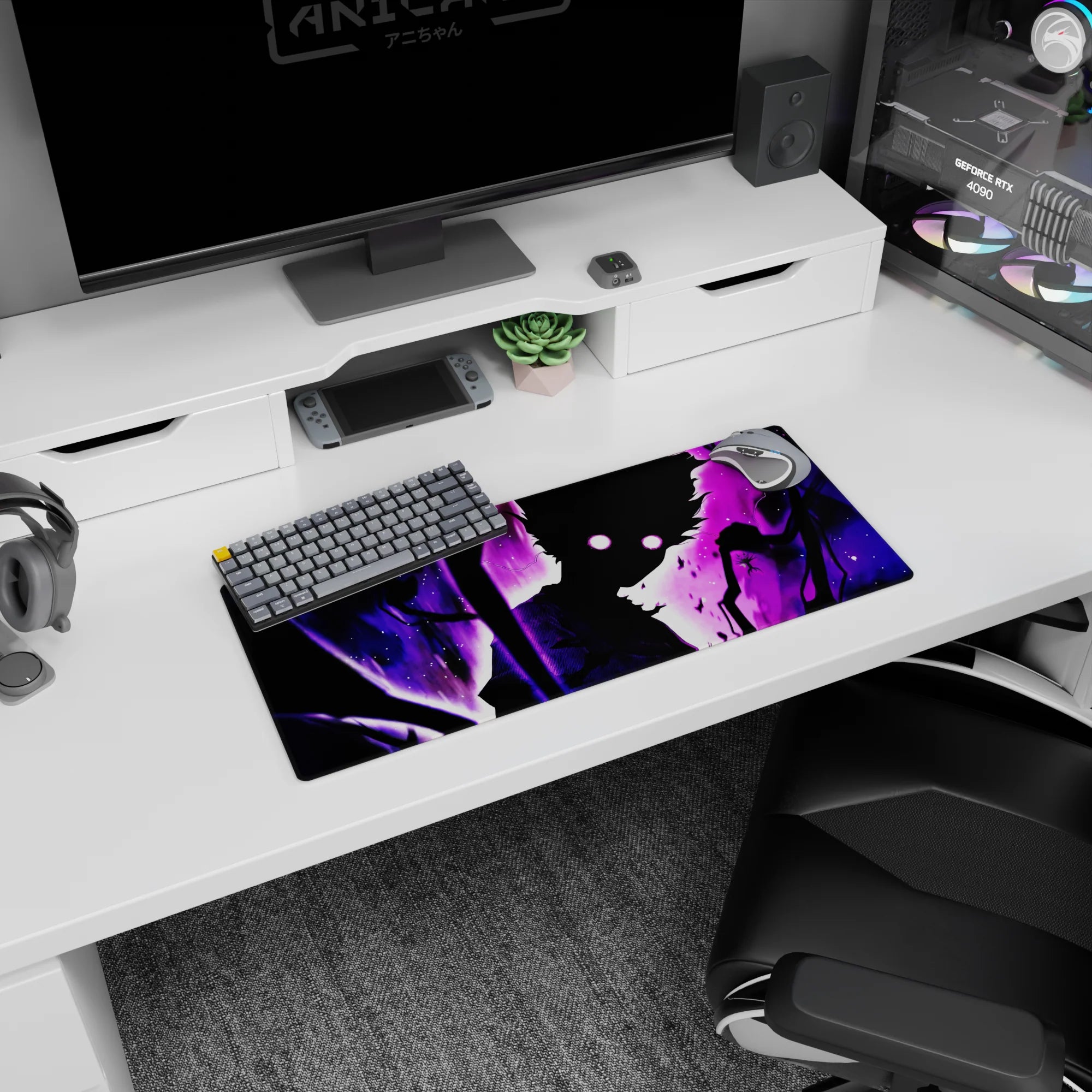 Anime mouse pad 28x12 inches showing a silhouetted hero with wild hair and moon-glow eyes in a purple storm.