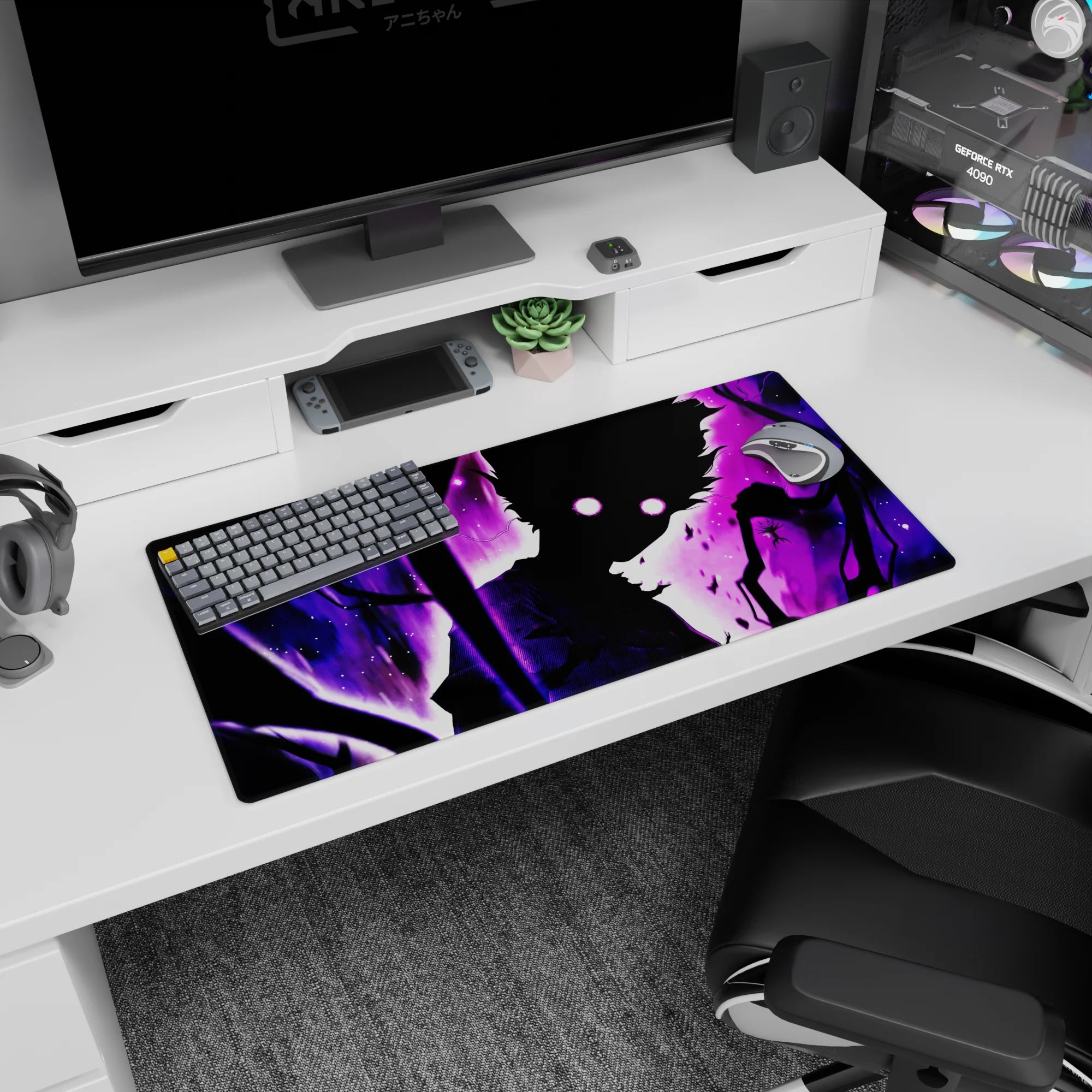 32x16 inches anime mouse pad showing a wild-haired silhouette in loose shirt, twin-glow eyes in a purple storm.