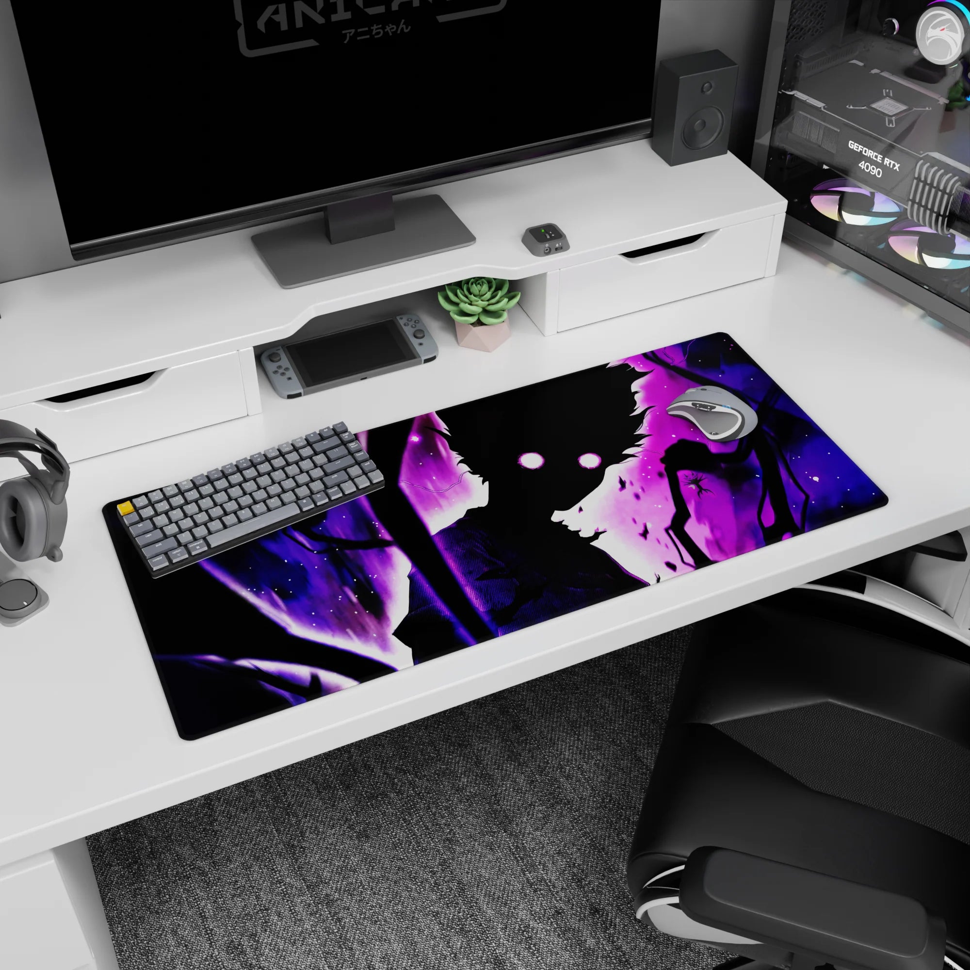 Anime desk pad 36x16 inches showing a silhouetted boy with wild hair and moon-glow eyes in a purple storm.