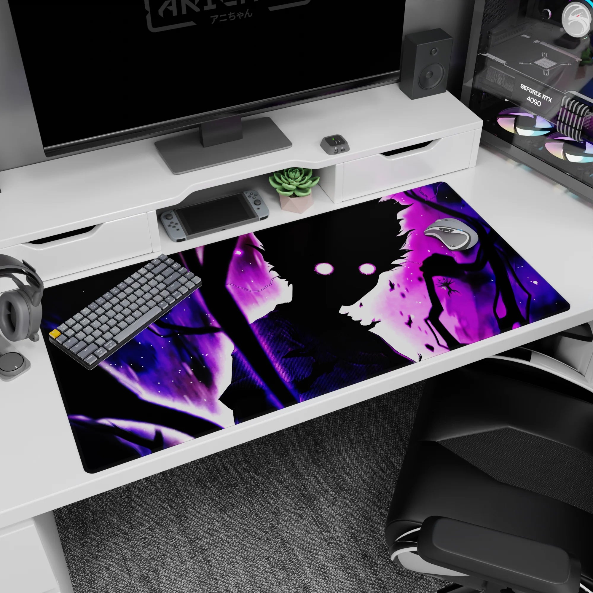Anime desk pad 40x20 inches showing a silhouetted warrior with wild hair and twin-moon glowing eyes in a storm.