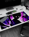 Anime desk pad 40x20 inches showing a silhouetted warrior with wild hair and twin-moon glowing eyes in a storm.
