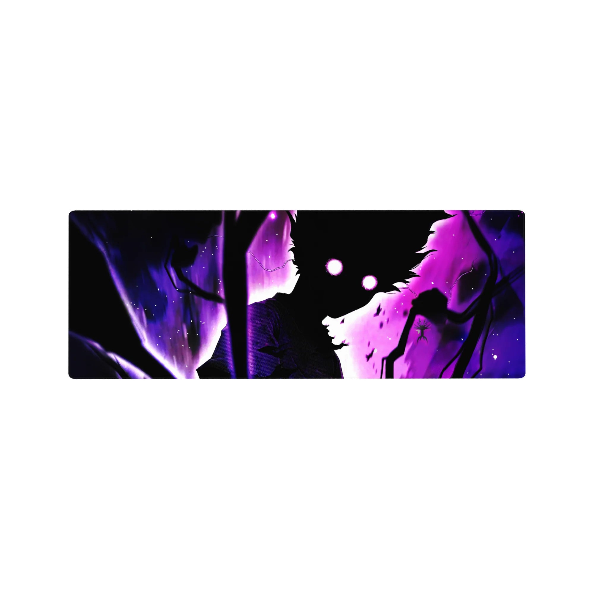 32x12 inches anime mouse pad with shadowed figure, glowing eyes, black branches, and violet storm backdrop.
