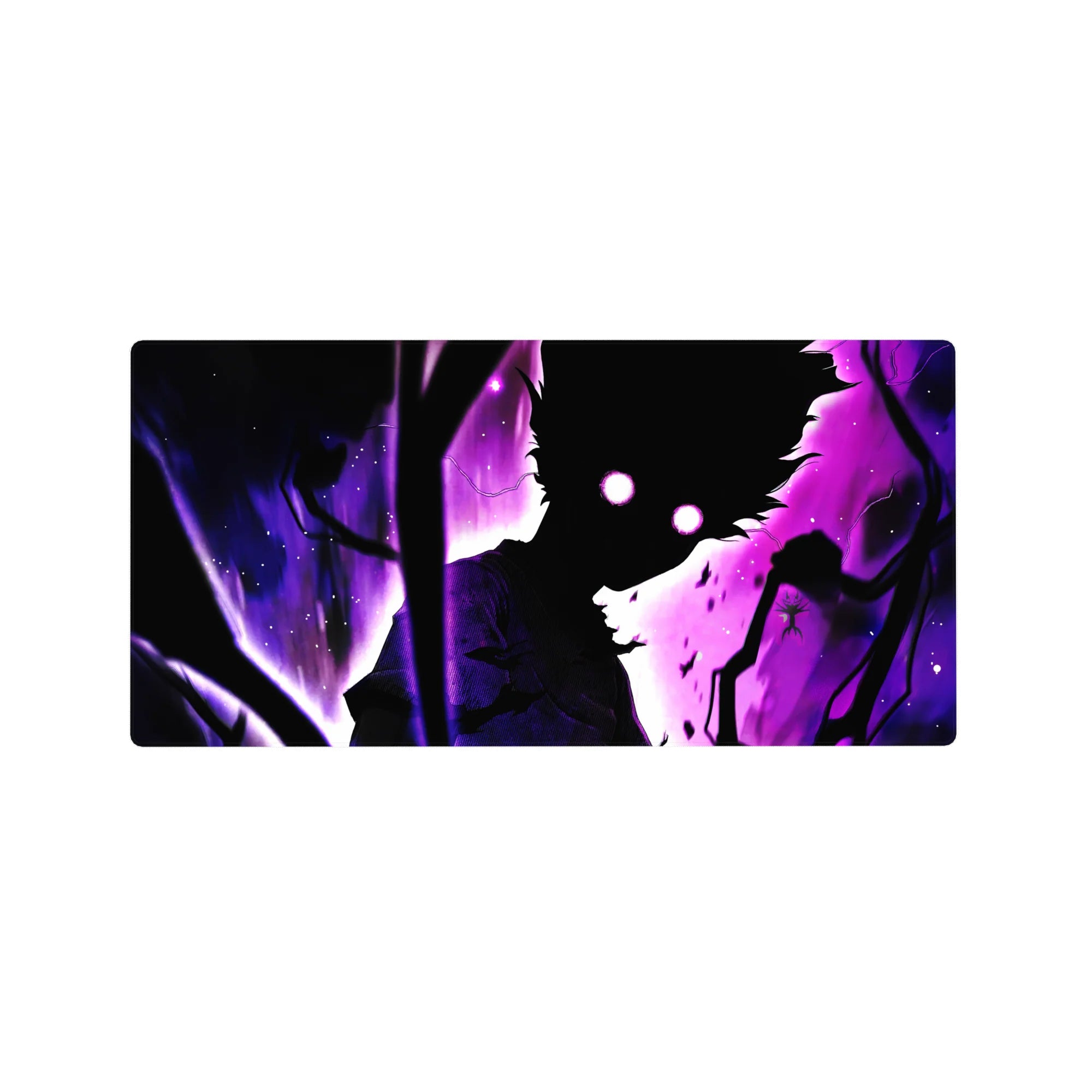 32x16 inches anime mouse pad with shadowed figure, glowing eyes, black branches, and swirling purple haze.