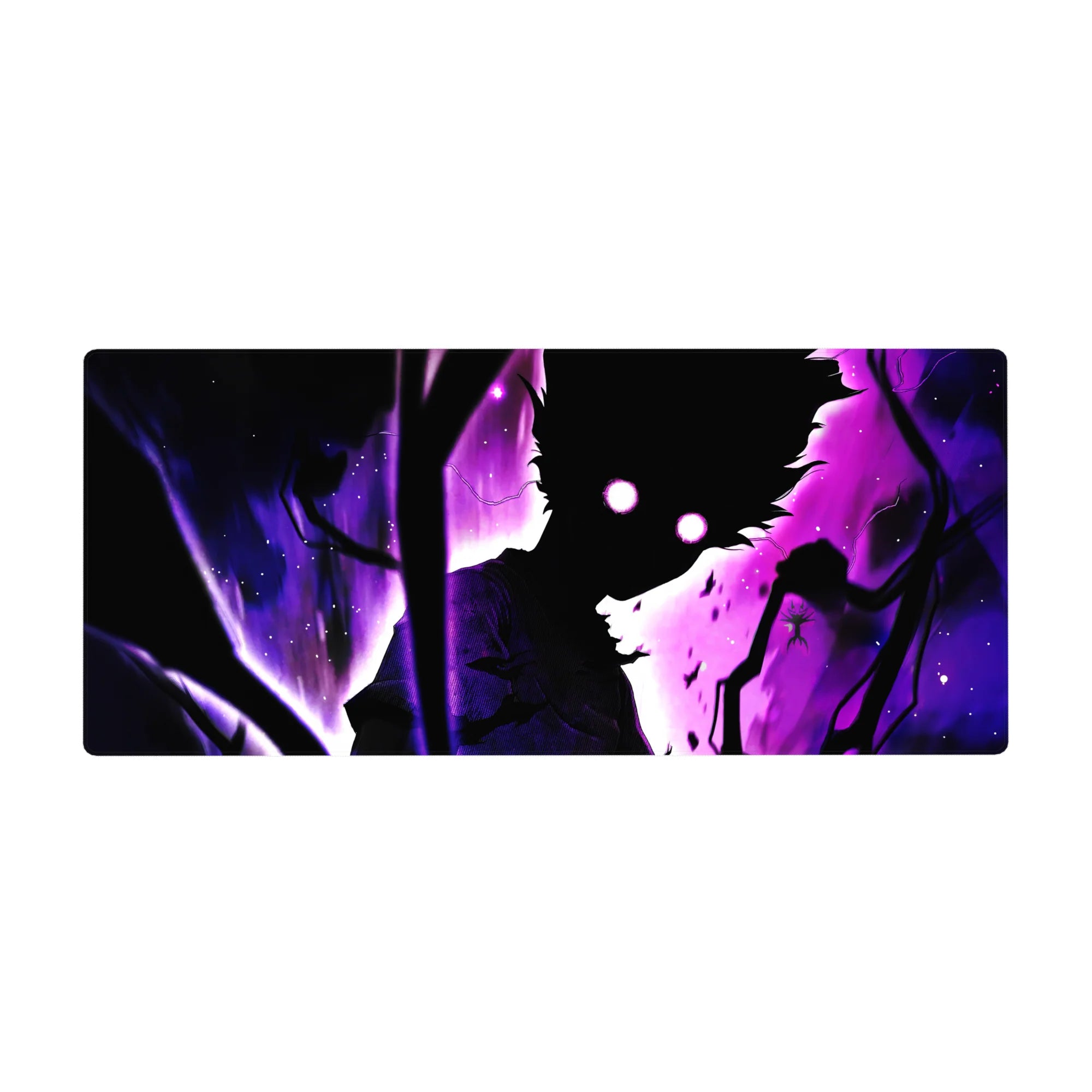 Dark fantasy anime desk pad 36x16 inches with shadowed figure, glowing eyes, branches, and haze.