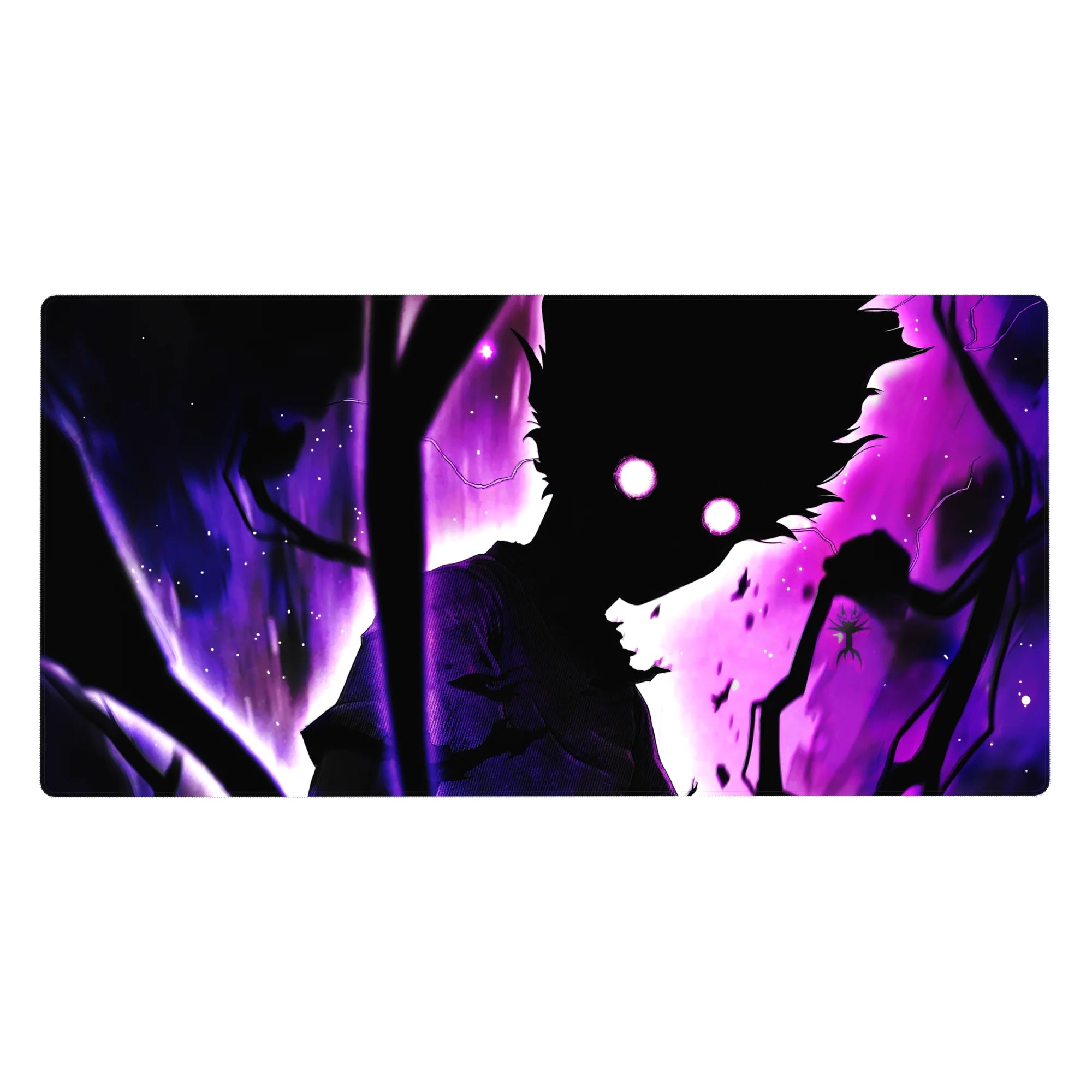 Dark fantasy anime desk pad 40x20 inches with shadowed figure, glowing eyes, and branching storm scene.