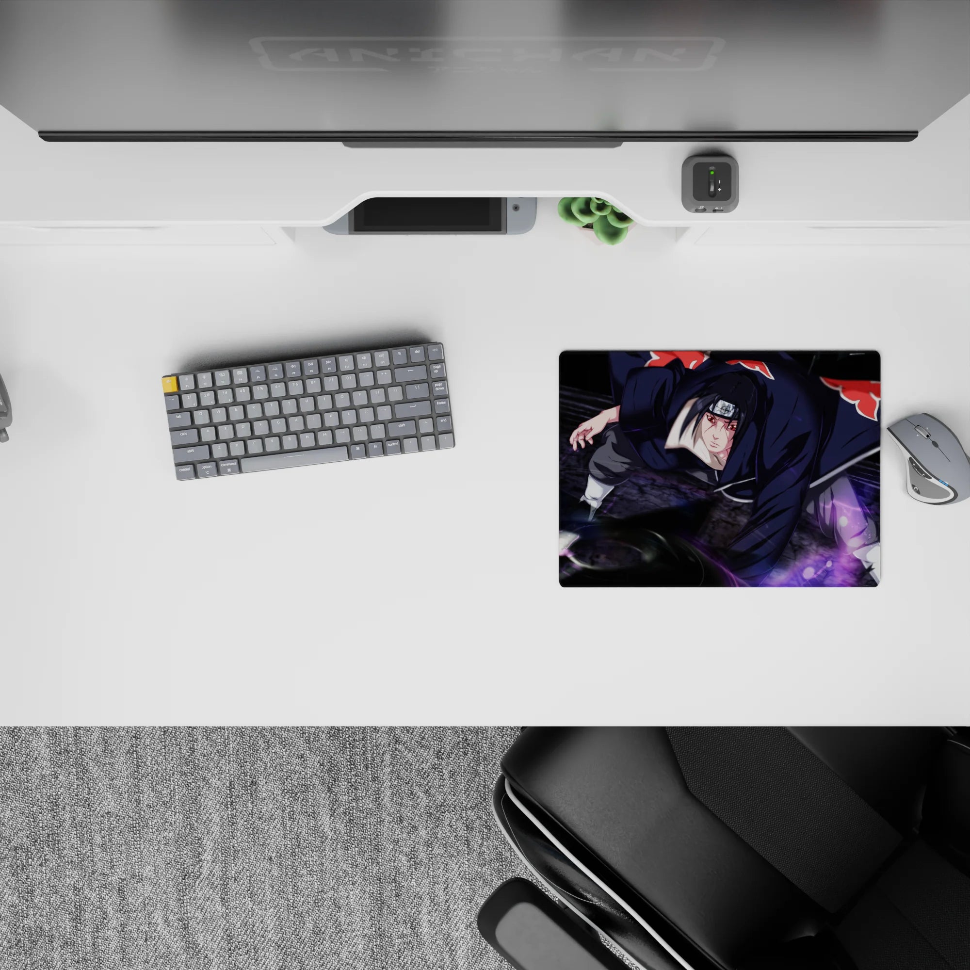 Dark black and crimson 14x10 inches anime mouse pad with moody purple chakra storm, sleek late-night vibe.