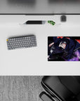 Dark black and crimson 14x10 inches anime mouse pad with moody purple chakra storm, sleek late-night vibe.