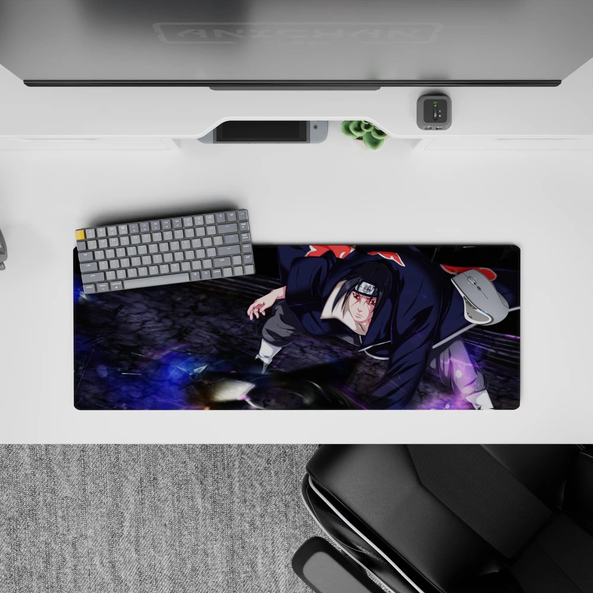 32x12 inches anime mouse pad in deep black and crimson clouds, moody late-night vibe with purple aura.
