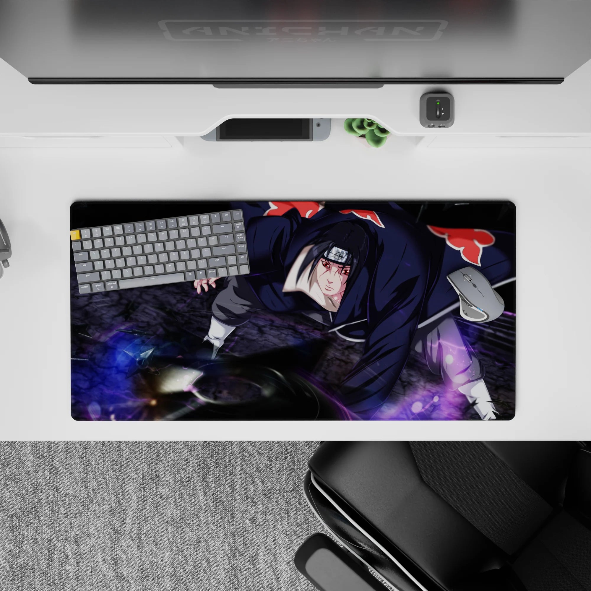 32x16 inches anime mouse pad in deep blacks and red cloud trims, dark sleek vibe with purple storm accents.