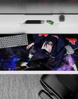 36x16 inches anime desk pad in deep black and crimson with moody purple chakra storm accents.