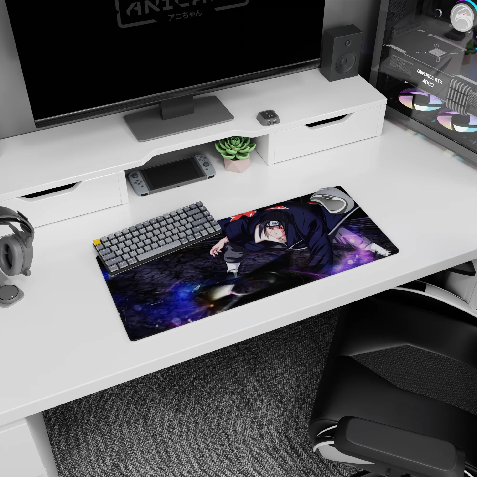 28x12 inches Naruto mouse pad featuring Itachi Uchiha in Akatsuki cloak, eyes calm, purple chakra storm.