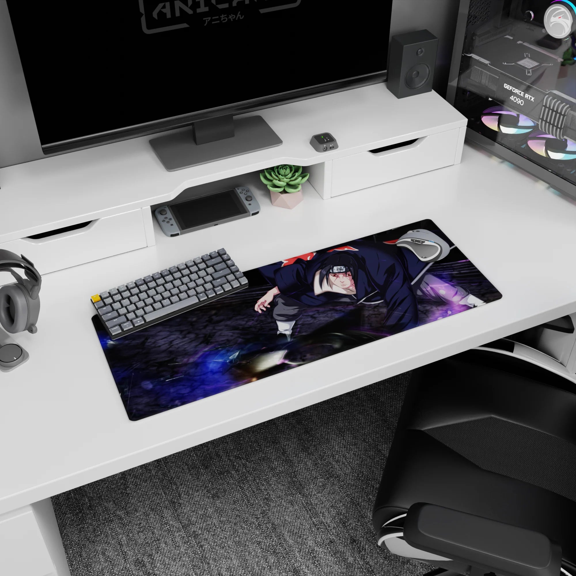 32x12 inches Naruto mouse pad featuring Itachi Uchiha landing in Akatsuki pose, cloak flaring and eyes sharp.