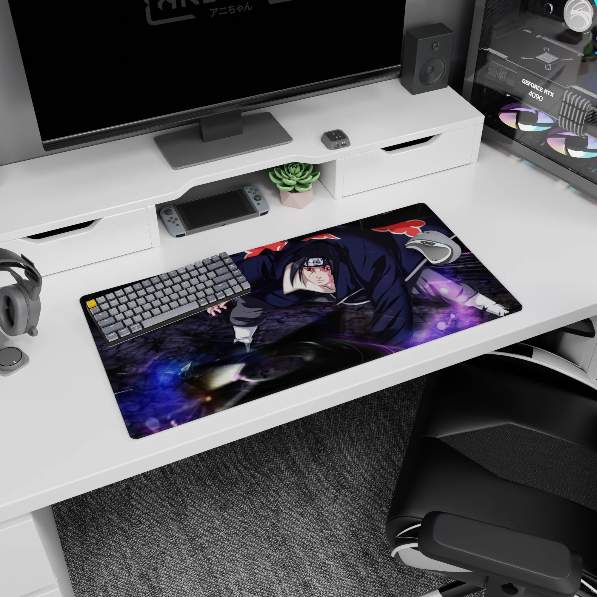 32x16 inches Itachi Uchiha Naruto mouse pad, Akatsuki pose with sharp eyes and purple chakra near wrist.