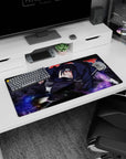 32x16 inches Itachi Uchiha Naruto mouse pad, Akatsuki pose with sharp eyes and purple chakra near wrist.
