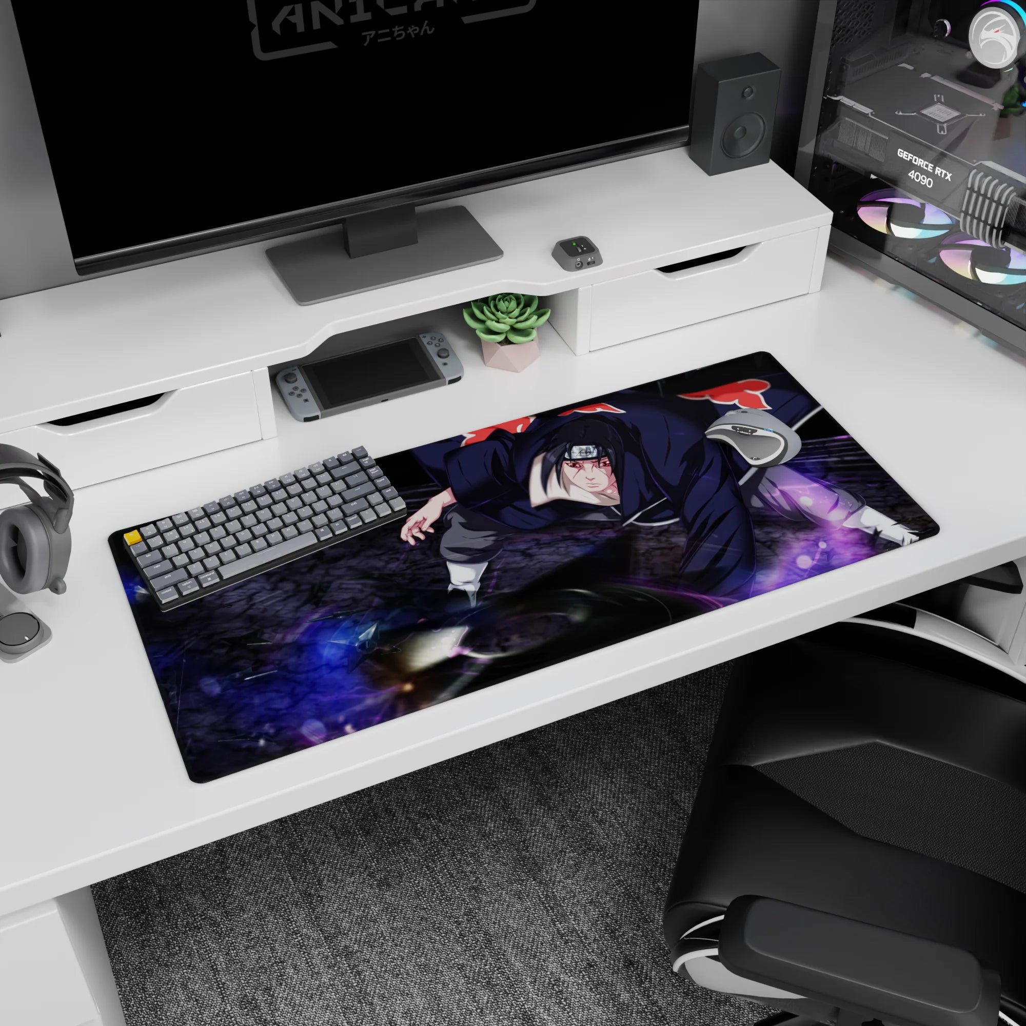 Itachi Uchiha Naruto 36x16 inches desk pad, Akatsuki stance artwork with sharp eyes and flaring cloak.