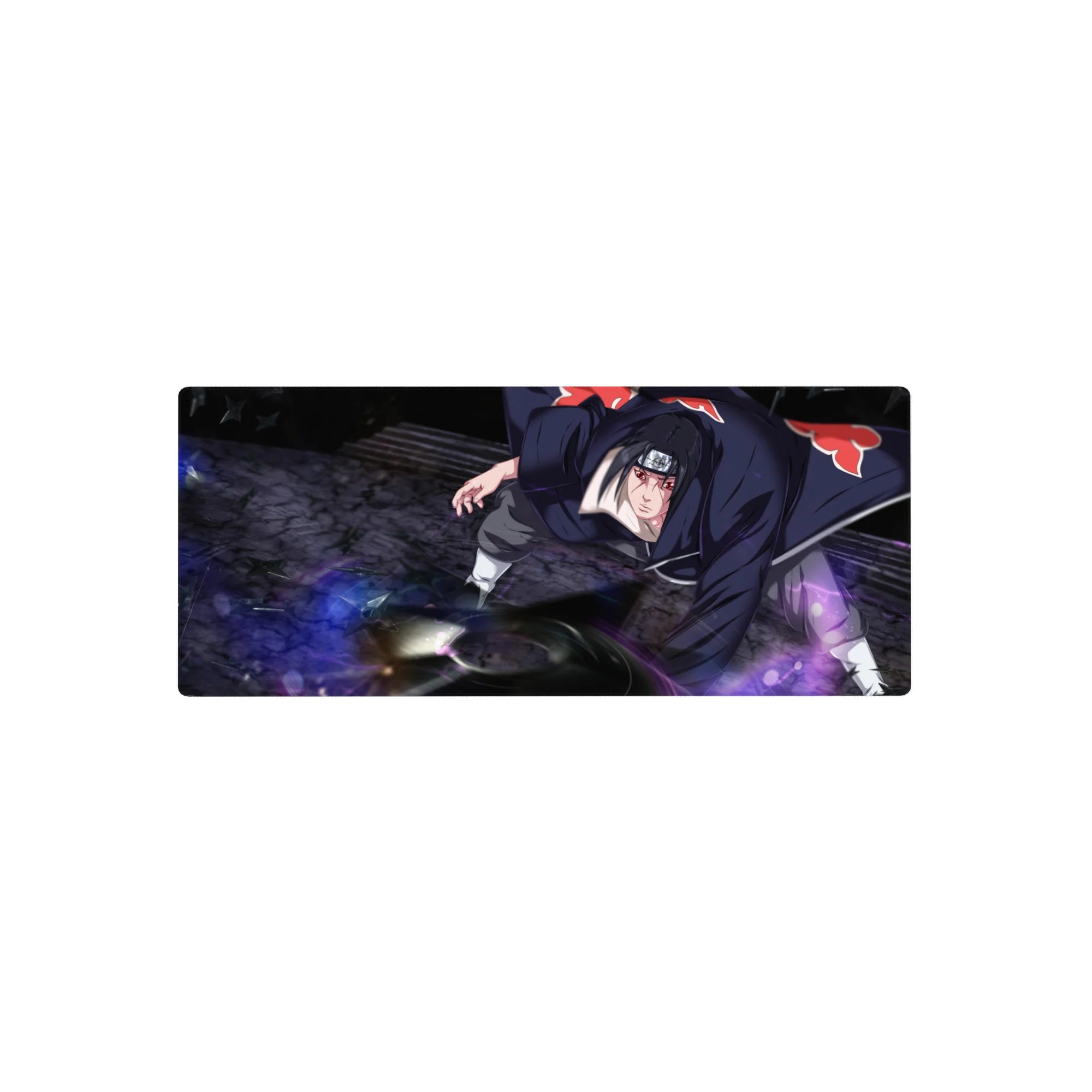 28x12 inches anime mouse pad with Akatsuki-cloaked ninja stance, crimson clouds and purple energy swirl.