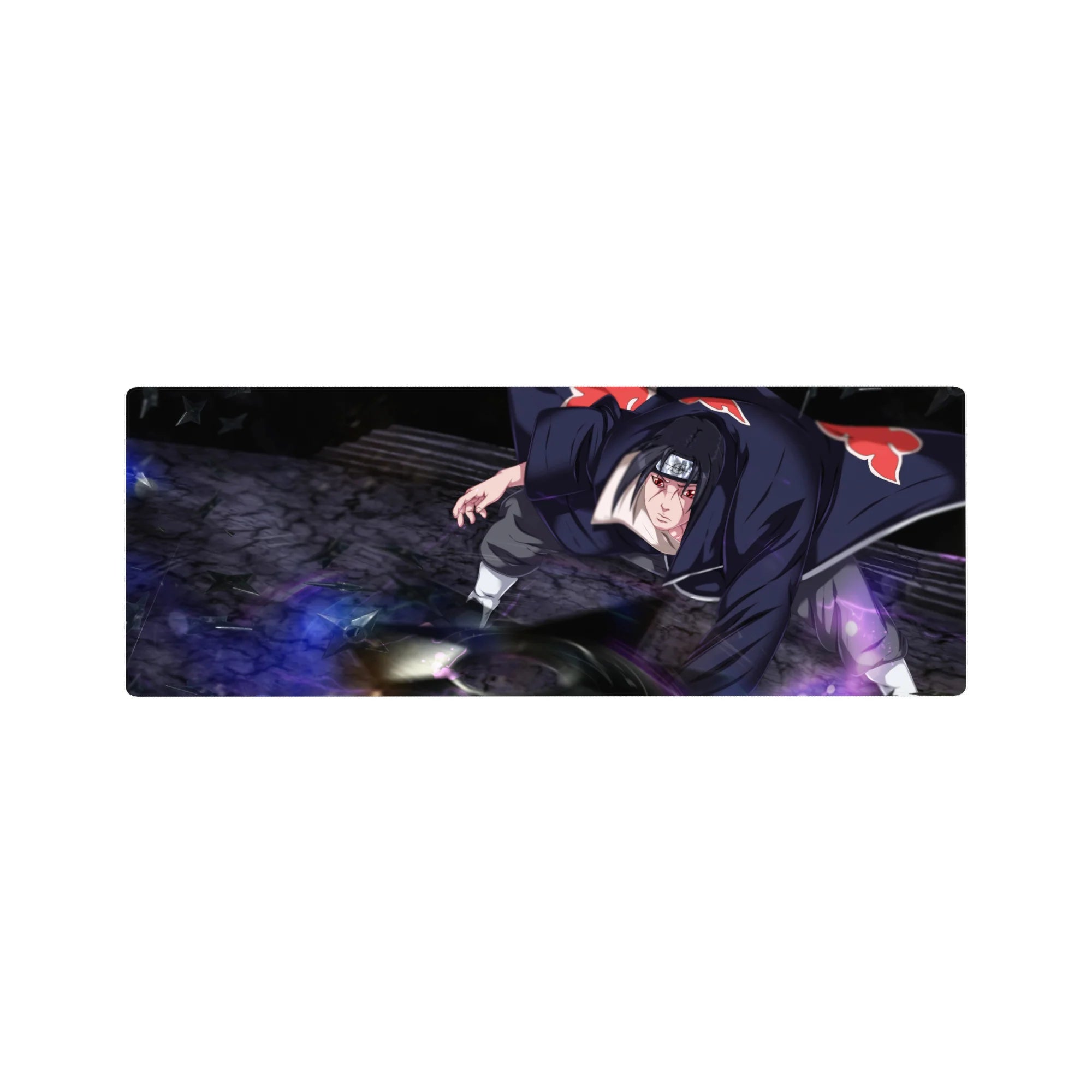 32x12 inches anime mouse pad with Akatsuki cloak design, Itachi-inspired stance and purple energy swirl.