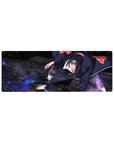 32x12 inches anime mouse pad with Akatsuki cloak design, Itachi-inspired stance and purple energy swirl.