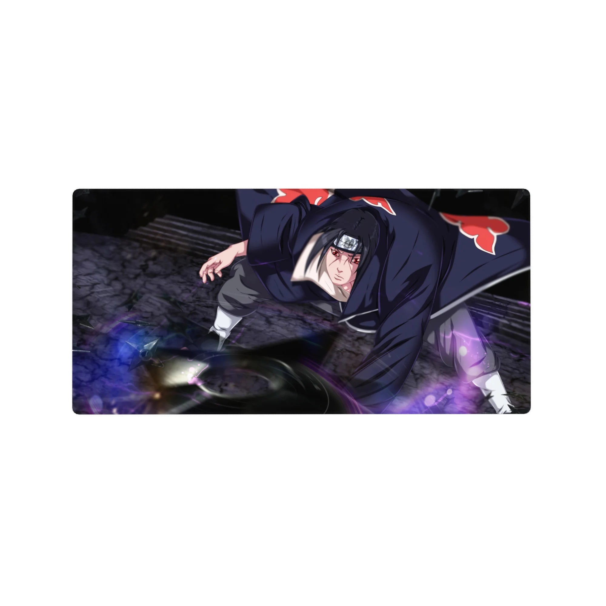 32x16 inches anime mouse pad with Akatsuki cloak stance, crimson clouds, and purple energy swirl design.
