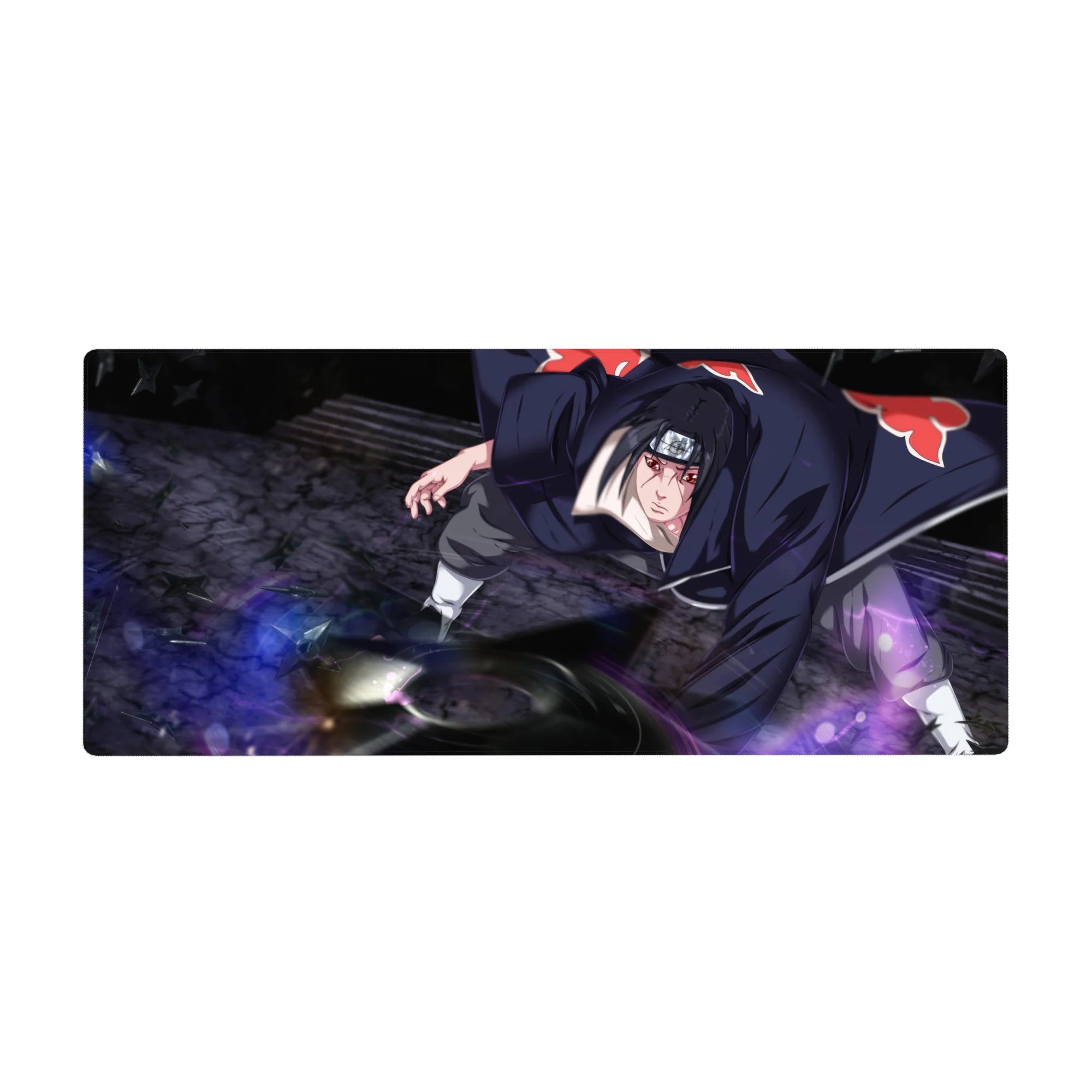 Anime desk pad 36x16 inches with Akatsuki cloak design, crimson clouds, and purple energy swirl.