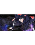 Anime desk pad 36x16 inches with Akatsuki cloak design, crimson clouds, and purple energy swirl.