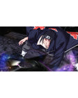 Naruto Itachi Uchiha Akatsuki stance anime desk pad, 40x20 inches, with swirling purple energy.