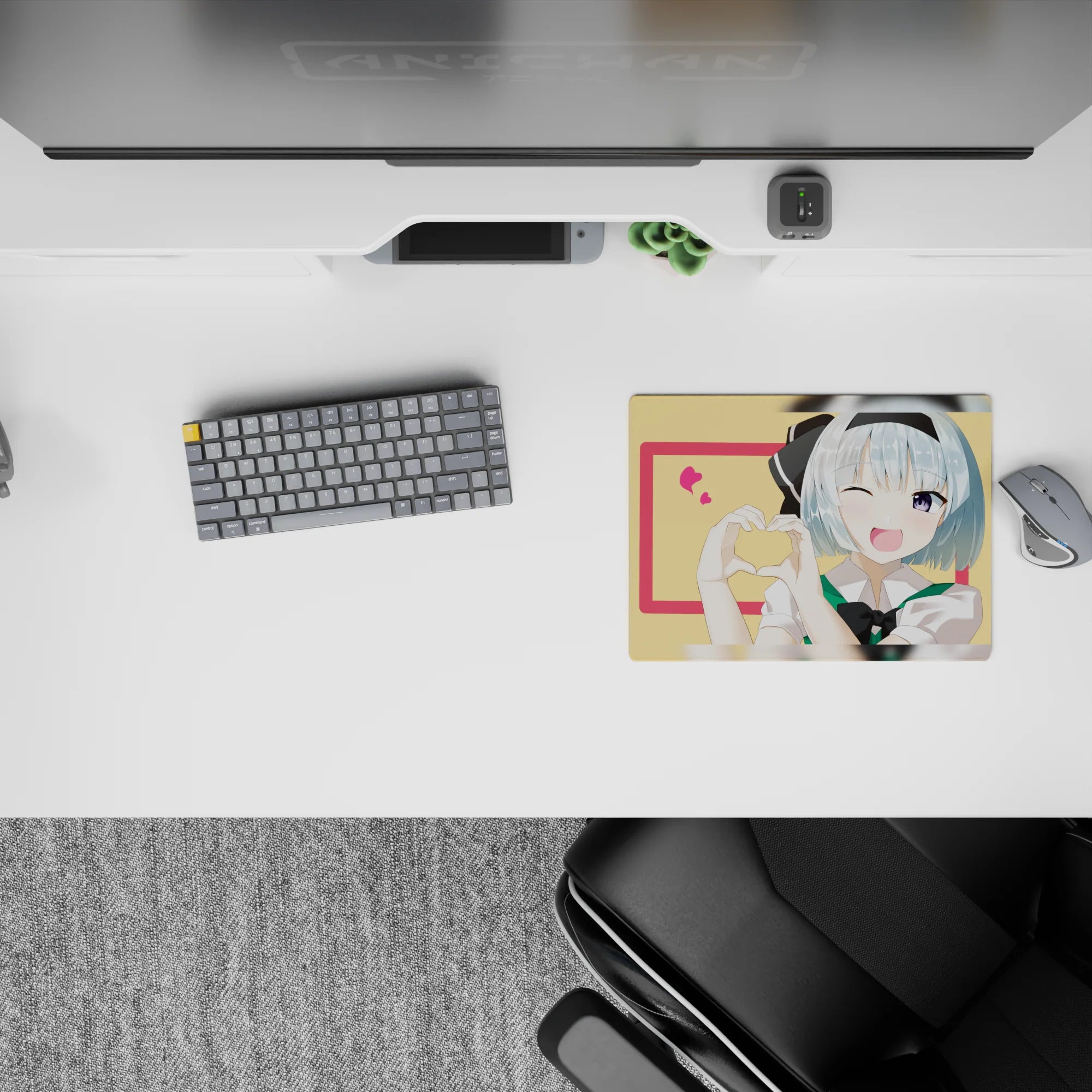 Cute pastel anime girl mouse pad 14x10 inches in soft lemon and pink, sweet crush vibe, smooth tracking.