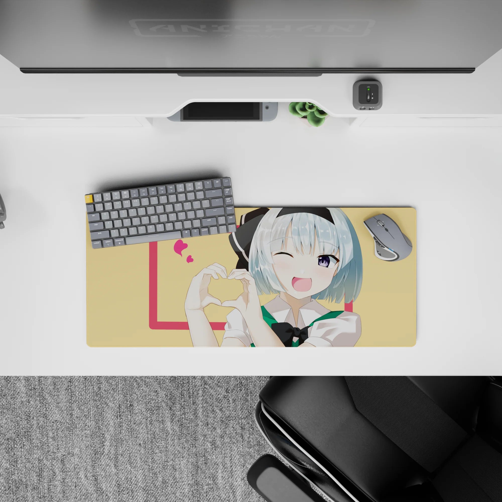 Cute 28x12 inches anime desk mat in soft lemon and hot pink, sweet crush vibe with bright tidy print.
