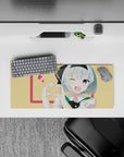 Cute 28x12 inches anime desk mat in soft lemon and hot pink, sweet crush vibe with bright tidy print.