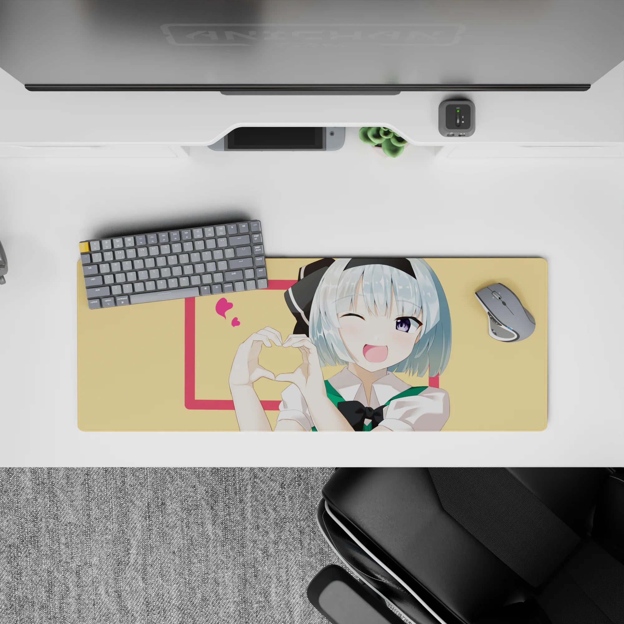 32x12 inches desk mat in soft lemon and hot pink with sweet crush vibe, bright clean anime print.