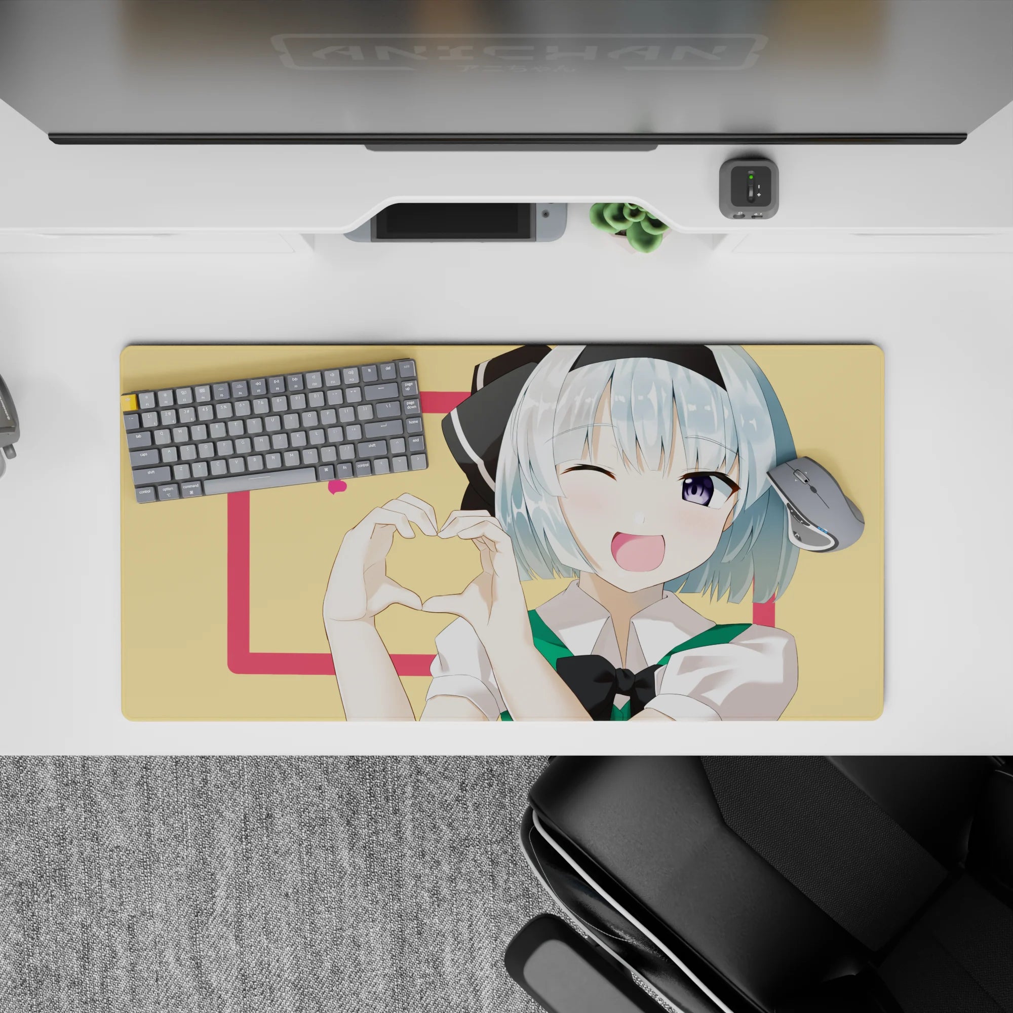 Cute 32x16 inches anime desk mouse pad in lemon yellow and hot pink, sweet cozy crush vibe with hearts.