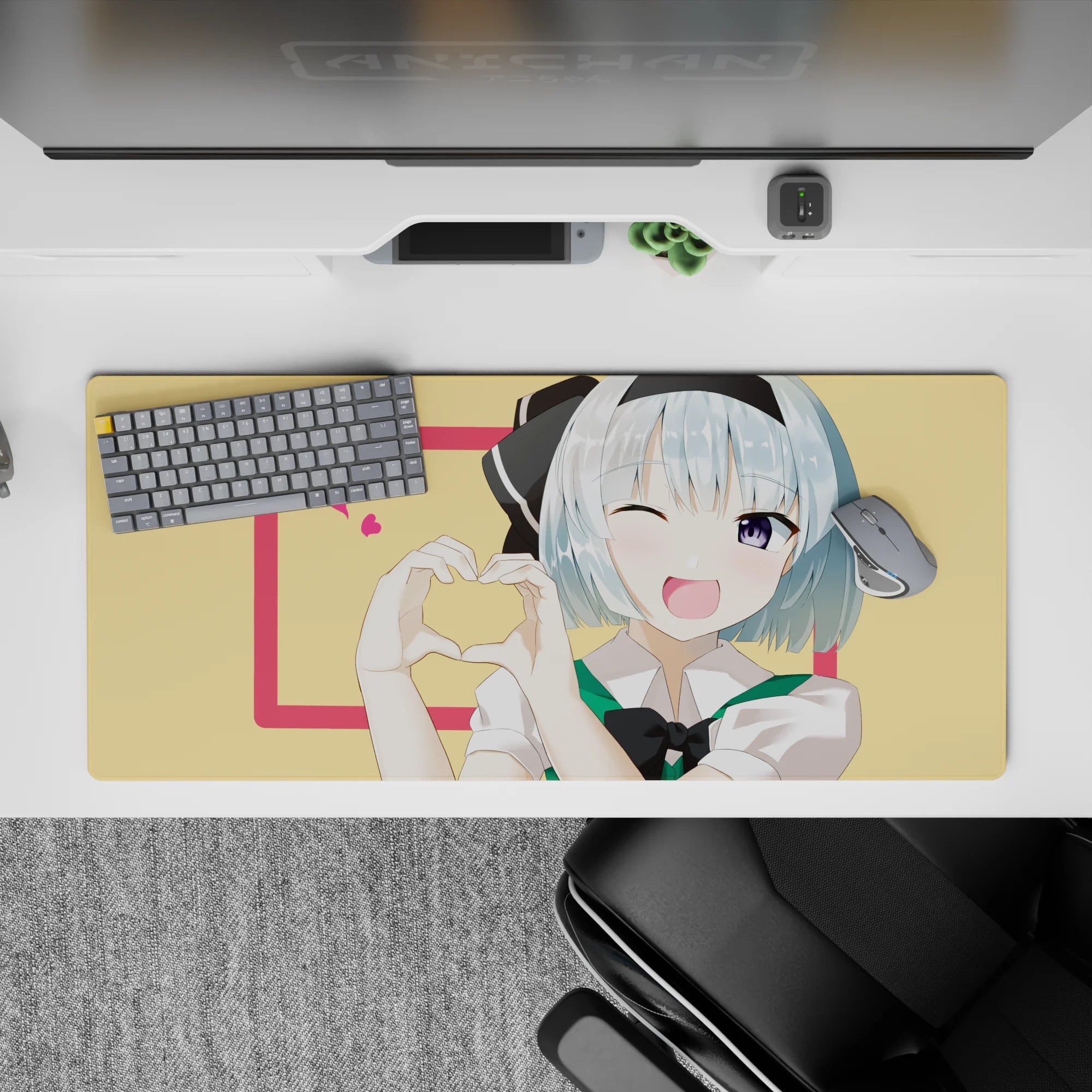 Pastel lemon and pink anime desk pad 36x16 inches, bright print with cozy sweet crush vibe.