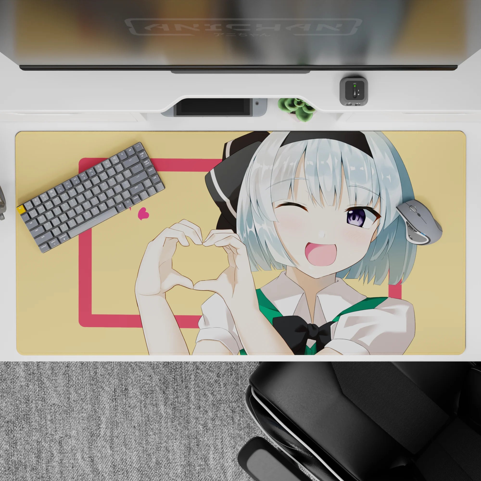 Pastel lemon and pink anime desk pad 40x20 inches, sweet crush vibe with bright clean print.