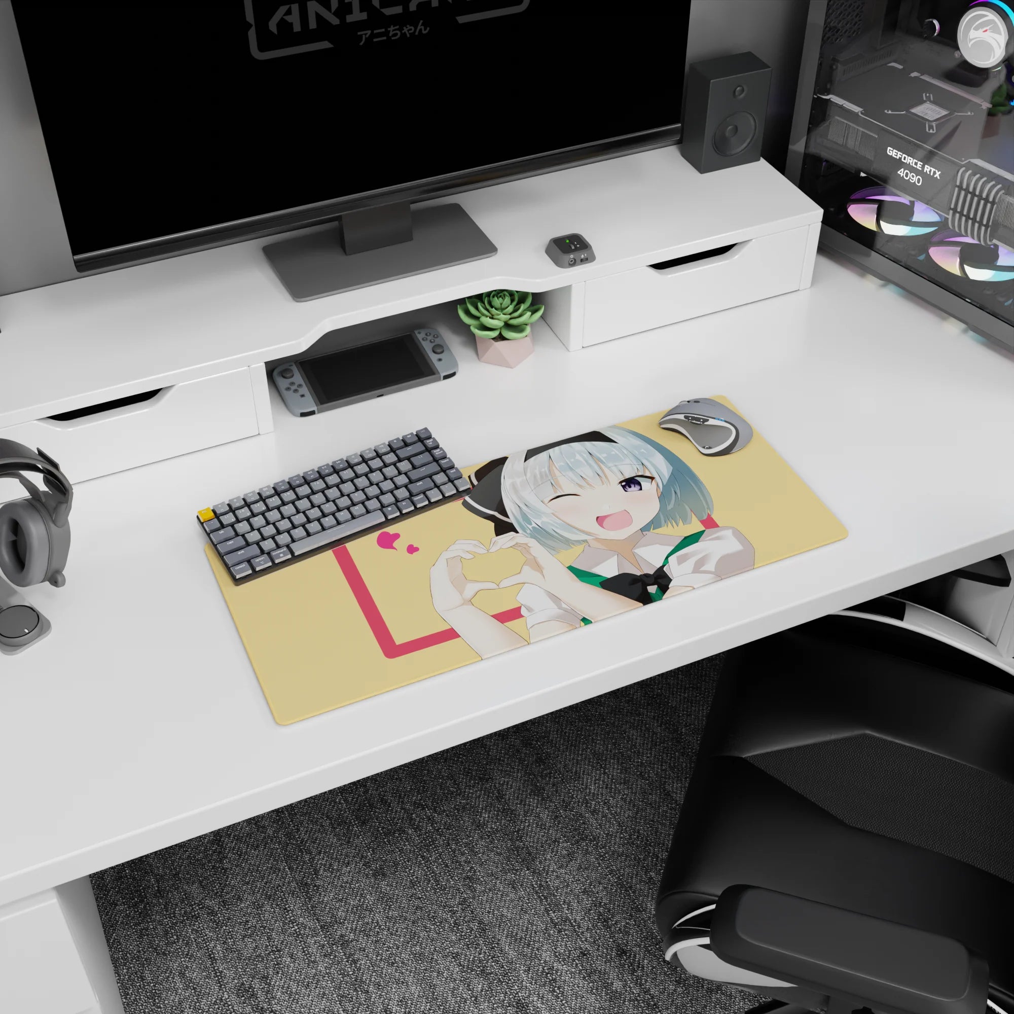 Winking blue-haired anime girl with violet eye making a hand-heart on a 28x12 inches mouse pad.