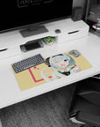 Winking blue-haired anime girl with violet eye making a hand-heart on a 28x12 inches mouse pad.
