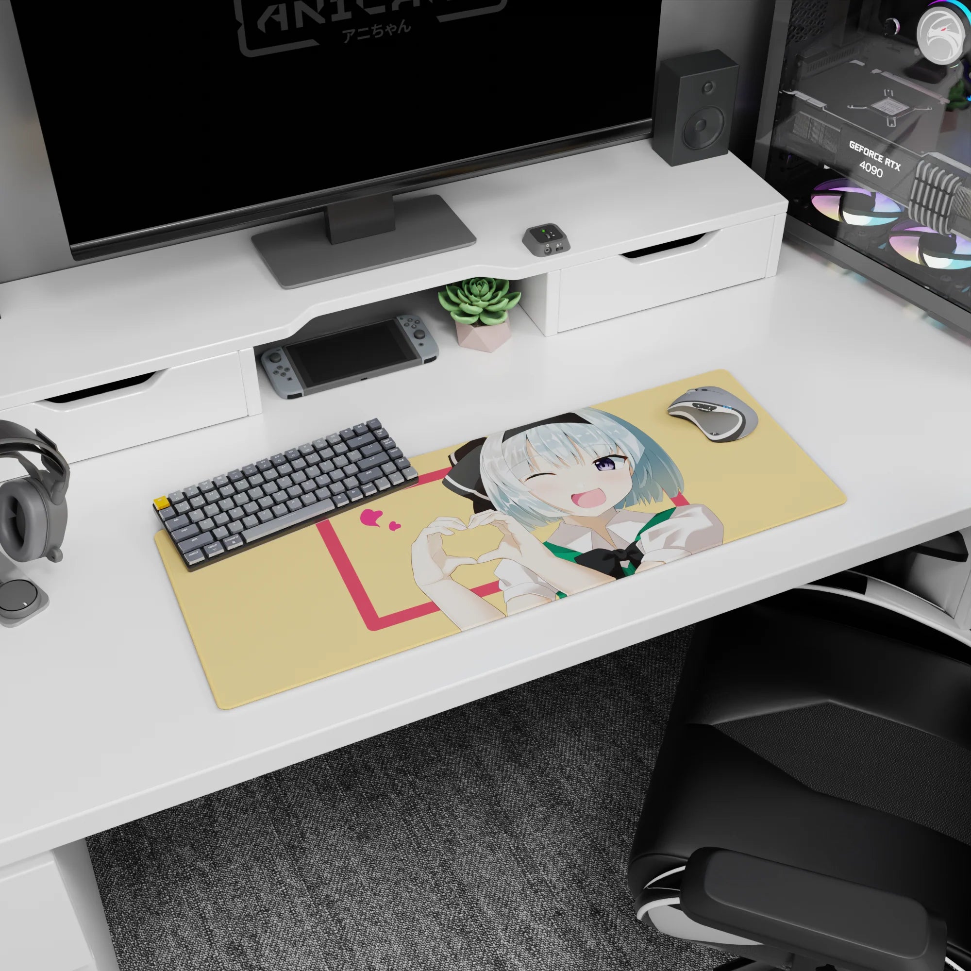 32x12 inches anime mouse pad featuring blue-haired girl winking, big violet eye, making a heart gesture.