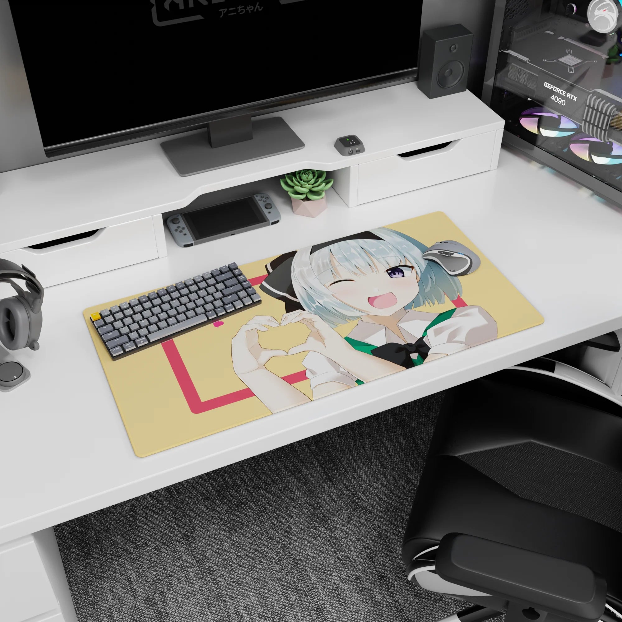 32x16 inches anime girl mouse pad showing blue-haired girl winking, violet eye pop, hand-heart pose on desk.